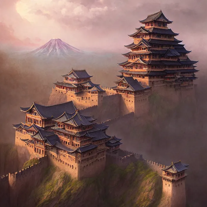 Prompt: matte painting by marc simonetti, jonathan solter, greg rutkowski of a japanese castle, masterpiece, cinematic, hyperdetailed, photorealistic, hyperrealism, architecture, aerial view,