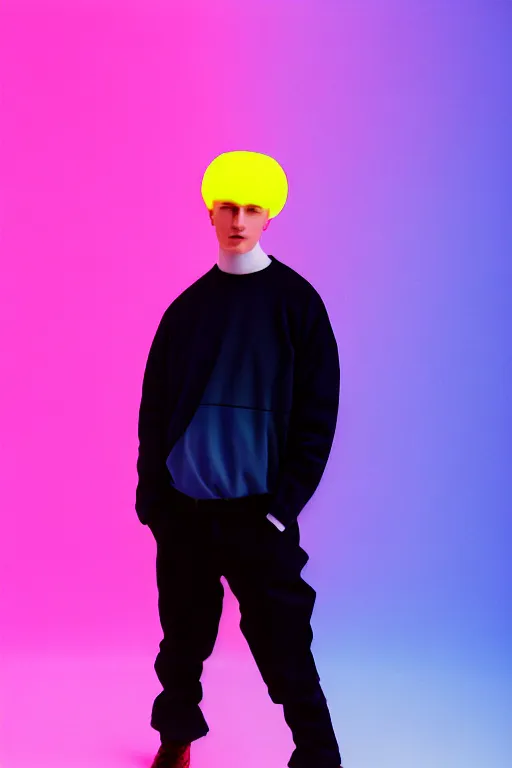 Image similar to high quality pastel coloured film mid angle portrait photograph of a beautiful young 2 0 year old male, soft features, short hair, perspex space visor and oversized inflated clothing!!!! icelandic black! rock pool environment. atmospheric three point light. photographic. art directed. ( pastel colours ). volumetric. clearcoat. waves. 8 k. filmic.