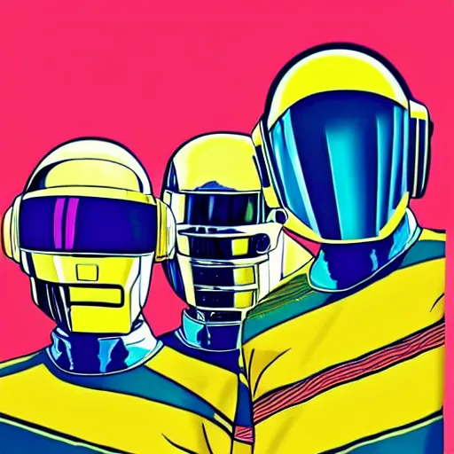 Prompt: daft punk, studio ghibli art, animated, colorfuk