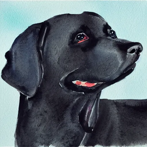 Prompt: watercolour painting of a happy black Labrador retriever