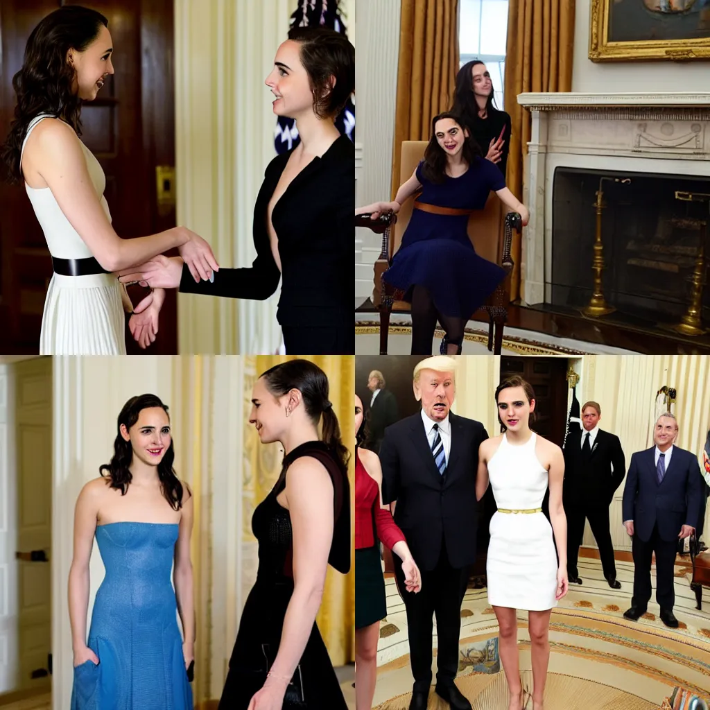 Prompt: gal gadot meets Emma Watson in the white house