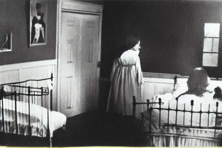 Prompt: enfield haunting 1 9 7 7, photo real, ghosts, bedroom, seance, creepy, 7 0 s, realistic