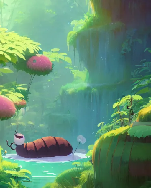 Image similar to a giant hairy caterpillar taking a bath in a spring with lush vegetation around, cory loftis, james gilleard, atey ghailan, makoto shinkai, goro fujita, character art, rim light, exquisite lighting, clear focus, very coherent, plain background, soft painting