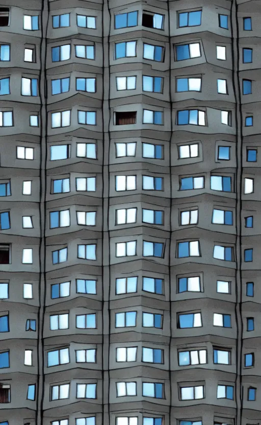 Prompt: giant monster with apartment in its chest, humans looking out from the windows embedded in the monster's chest, living apartment building, apartment building in the shape of a monster, monster made of apartment building