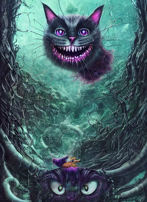 Prompt: cheshire cat, matrix, highly detailed, cinematic, 8 k, by megan duncanson, benjamin lacombe, adrian borda, stanley artgermm, tom bagshaw, craig mullins, carne griffiths, ayami kojima, beksinski, giger, trending on deviantart, hyper detailed, horror, full of colour