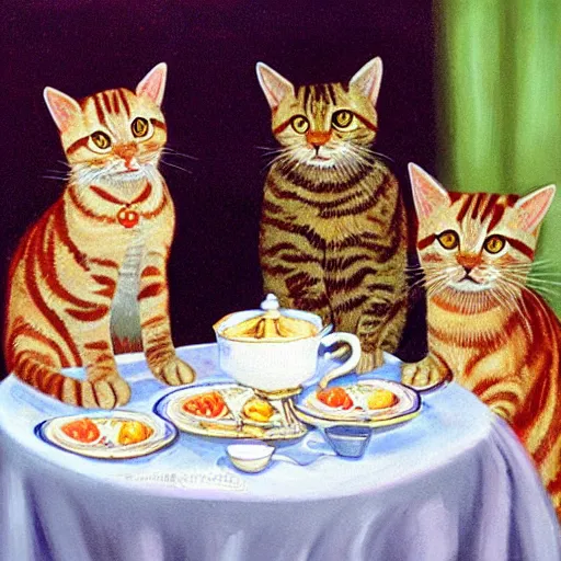 Prompt: three tabby cats attend a fancy english tea party, photorealistic photorealism