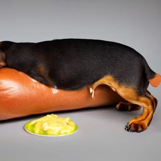 Image similar to a hybrid hot dog that is mostly a dachshund