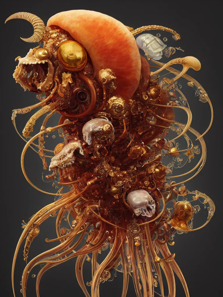 Image similar to close-up portrait ram skull abstract 3d composition. jellyfish phoenix head, nautilus, orchid, moebius, mucha, New art nouveau, skull, gold betta fish, bioluminiscent creatures, intricate artwork by Tooth Wu and wlop and beeple. octane render, trending on artstation, greg rutkowski very coherent symmetrical artwork. cinematic, hyper realism, high detail, octane render, 8k