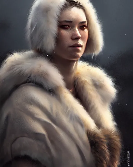 Image similar to a female nordic berserker with bear fur coat | | realistic shaded, unpleasant face, bad looking, fine details, realistic shaded lighting poster by greg rutkowski, magali villeneuve, artgerm, jeremy lipkin and michael garmash and rob rey