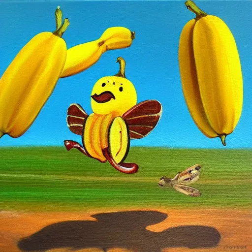 Prompt: oil painting impressionist stopwatch and banana flying through the air, ( bugs buzzing around ), whimsical, detailed,