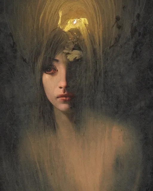 Image similar to a beautiful and eerie baroque painting of a beautiful but creepy girl in layers of fear, with haunted eyes and dark hair piled on her head, 1 9 7 0 s, seventies, wallpaper, a little blood, morning light showing injuries, delicate embellishments, painterly, offset printing technique, by brom, moebius, robert henri, walter popp