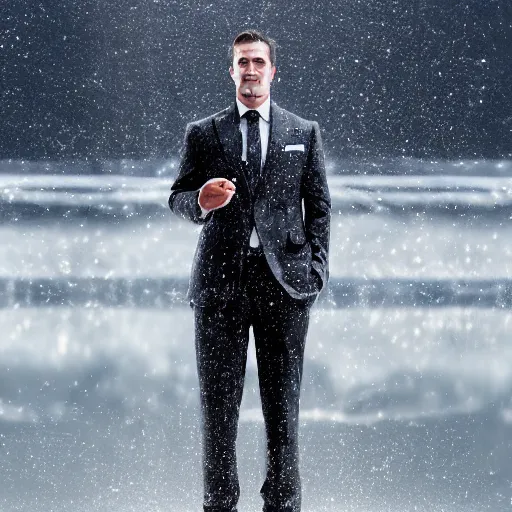 Prompt: full shot photograph of a man wearing a suit made of mirrors on a frozen lake, photorealistic photograph cinematic lighting intricate detailed 8 k resolution