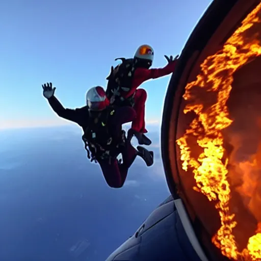 Prompt: People skydiving into flames out of an airplane with the door open