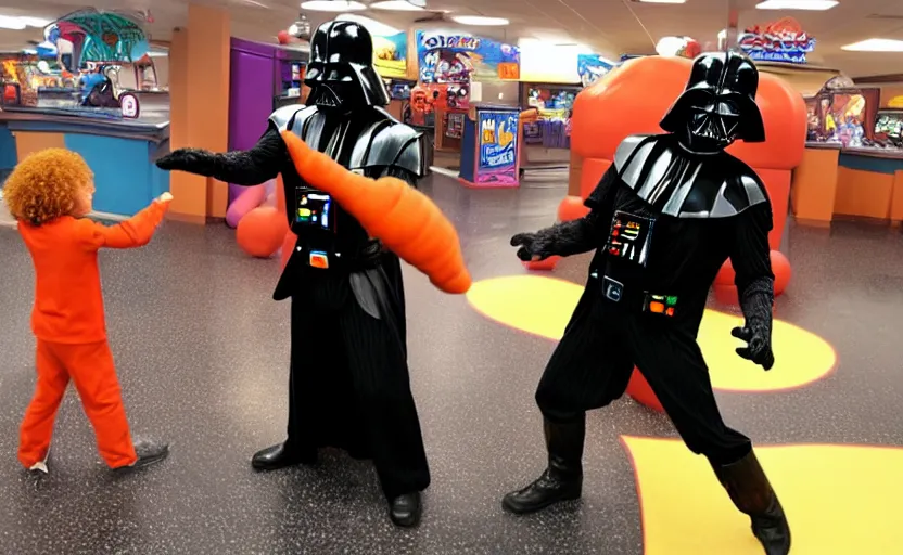 Prompt: darth vader fighting carrot top at the chuck e cheese