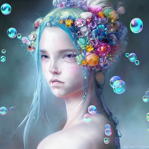 Prompt: a painting of a woman with bubbles in her hair, cyberpunk art by yoshitaka amano, cgsociety, fantasy art, detailed painting, made of flowers, fantasy