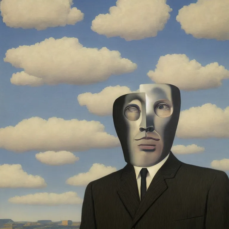 Image similar to portrait of a faceless chrome - head man in a suit, clouds in the background, by rene magritte, detailed painting, distance, centered, hd, hq, high resolution, high detail, 4 k, 8 k