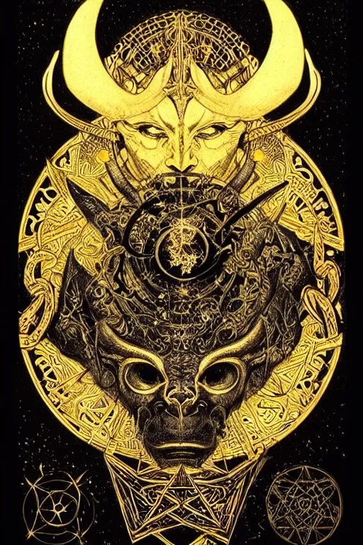 Image similar to Zodiac sign Virgo, Beautiful head of the devil, on black paper, symetrical, forsaken spirits, golden ratio, elements, gold, neon, baroque, rococco, white, ink, tarot card with ornate border frame, marc simonetti, paul pope, peter mohrbacher, detailed, occult symbols, intricate satanic ink illustration, by Alfons Mucha, Moebius, Charles Wess, Jeffrey Jones dynamic lighting