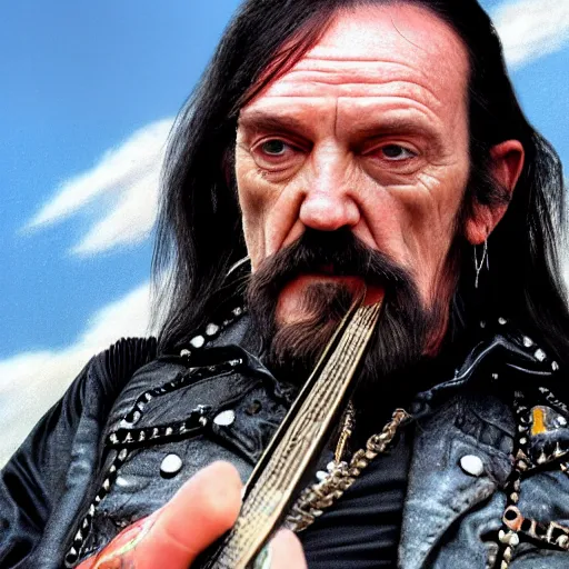 Image similar to lemmy kilmister in heaven, realistic, 8k resolution, hyperdetailed, highly detailed, real life, sky lighting, high quality, clouds,