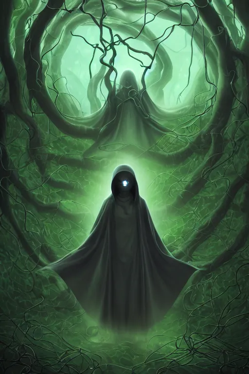 Image similar to A full body portrait of a ghost like character with no face, glowing eyes and a very long hooded dark green cloak of leaves and vines, forest spirits flying in the background art by Shaddy Safadi and Jason Chan, ominous, cosmic horror, trending on artstation, Ultra detailed, hyper realistic 4k