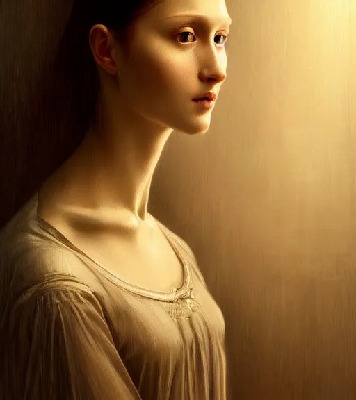 Prompt: portrait of a mirror sitting upon a table with heightened detail, poised, intense emotion, detailed facial expression, detailed surroundings, intricate, elegant, highly detailed, centered, digital painting, artstation, concept art, smooth, sharp focus, illustration, by ( leonardo da vinci ), wlop