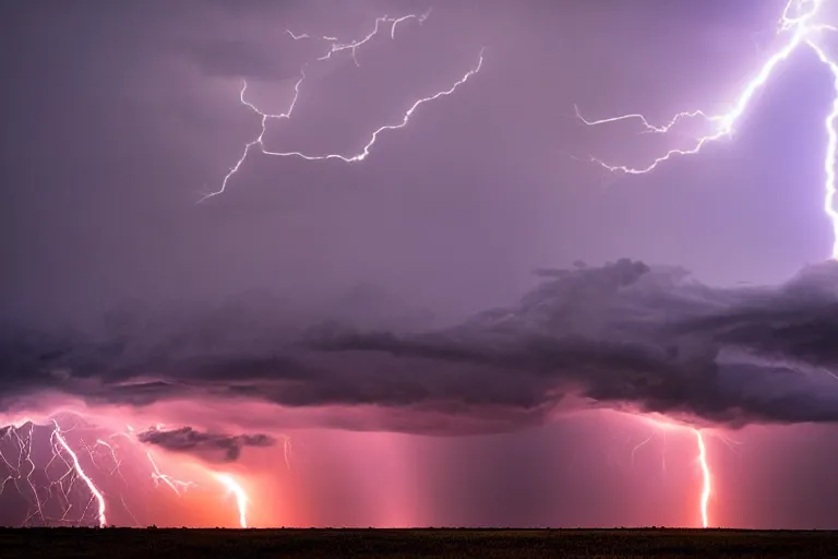 Prompt: a photograph of a tornado tornado tornado, thunderstorm supercell, lightning bolts, illuminated from various angles by the setting sun, cinematic, dramatic lighting, mystic hue