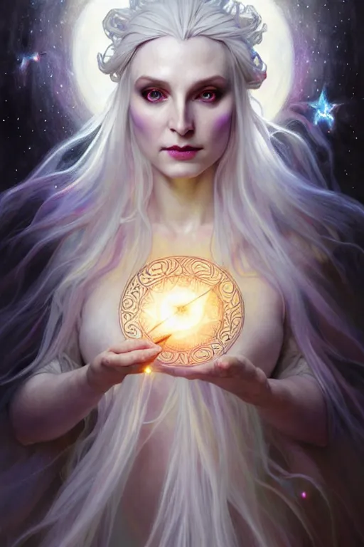 Image similar to realistic wide angle portrait of a beautiful white witch, standing, crafting spells, bright witch, beautiful face, fantasy, chaos, magic, dark magic, dramatic lighting, intricate, wild, highly detailed, digital painting, artstation, concept art, smooth, sharp focus, illustration, art by artgerm and greg rutkowski and alphonse mucha, footage from space camera