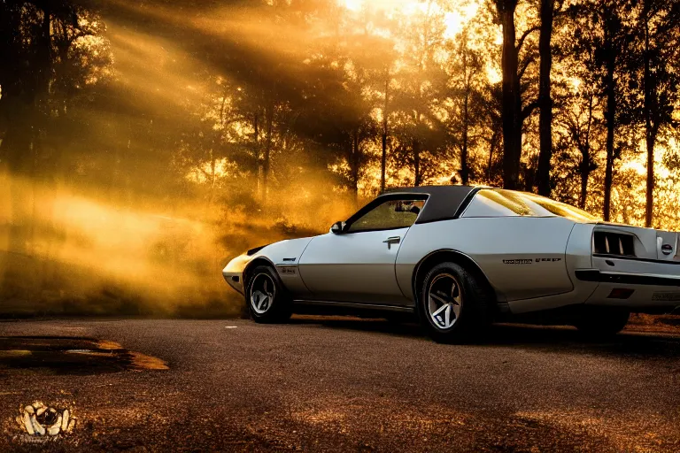 Prompt: pontiac firebird with grafitti tag on side, sunrise, dramatic, cinematic, forest, sunbeams, volumetric lighting, wide shot, low angle