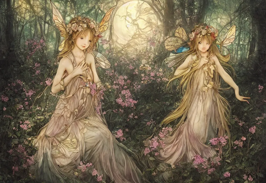 Prompt: breathtaking detailed soft painting of a little anime fairy princess in a luxurious moonlight forest, by Ayami kojima, loputyn and matcha, golden rose dress floating around, detailed symmetrical facial features, art nouveau gold stained glass windows, 8k, concept art, matte, sharp focus, rembrandt style