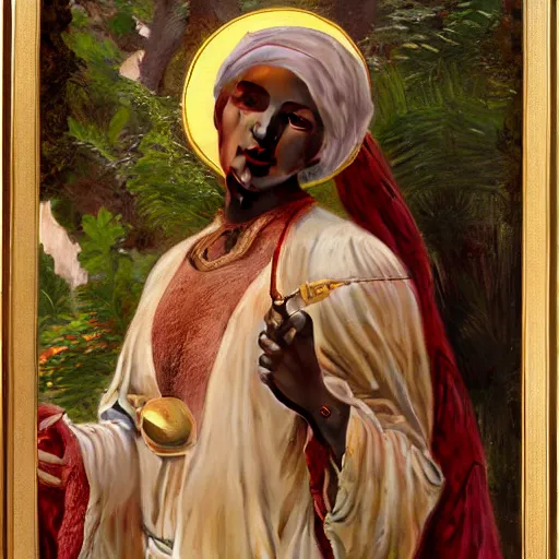 Image similar to orientalist portrait of a moorish female sage wearing a golden robe smoking a pipe in a sandstone temple intricate portrait by john william waterhouse and Edwin Longsden Long and Theodore Ralli and William-Adolphe Bouguereau, very coherent symmetrical artwork. Cinematic, hyper realism, high detail 8k