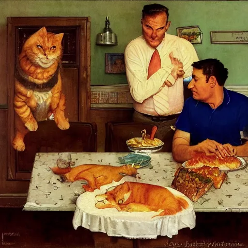 Prompt: fat orange tabby cat next to curly haired man and lasagna on table, norman rockwell