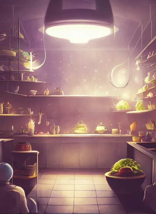 Prompt: high depth, collective civilization kitchen, calm, healing, resting, life, hybrids, scifi, soft white glowing lights, published concept art, art in the style of all and none and everything and infinity, clowdy day