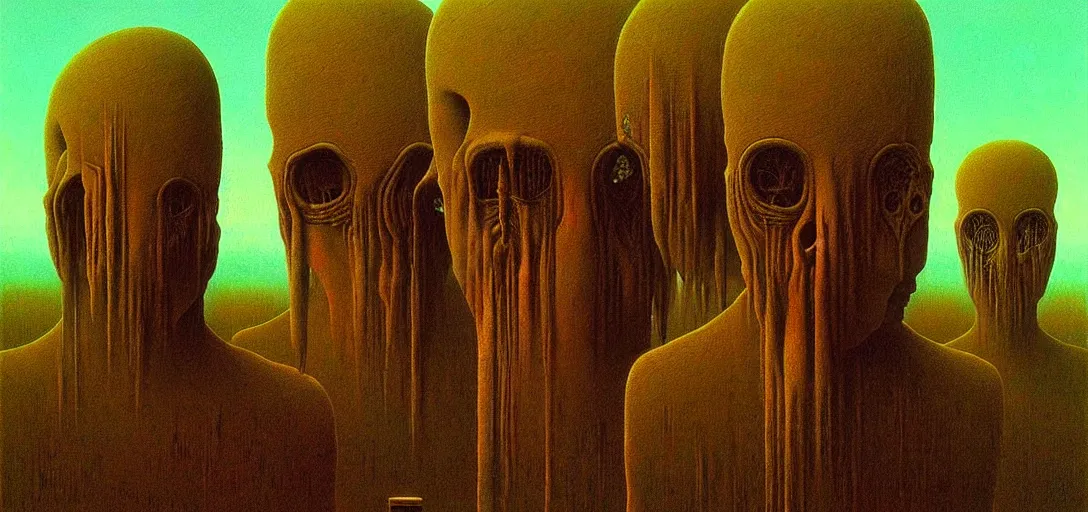 Image similar to highly detailed horror dystopian surreal painting of eerie head statues and buildings by zdzisław beksinski