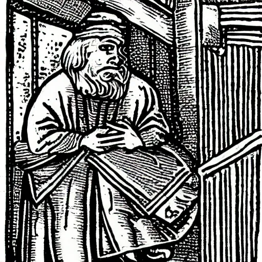 Prompt: peasant speaks on iphone. medieval engraving style