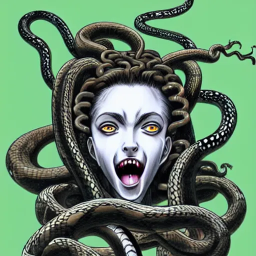 Prompt: rounded frame of head of medusa wearing snakes heads in place of hair, in berserk manga, angelina jolie face open mouth, big snakes heads with open mouth, manga drawing by kentaro miura