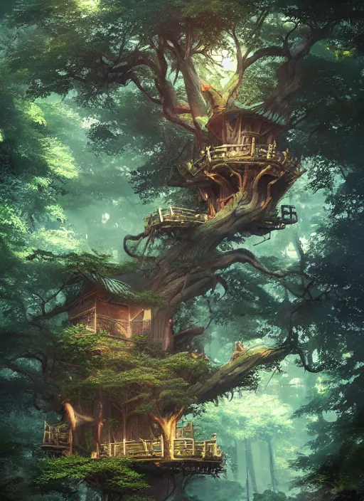 Image similar to beautiful tree house in a gnarly bonsai in a ancient forrest, dynamic lighting, cinematic, establishing shot, extremly high detail, foto realistic, cinematic lighting, post processed, concept art, artstation, matte painting, style by ghibli, myazaki