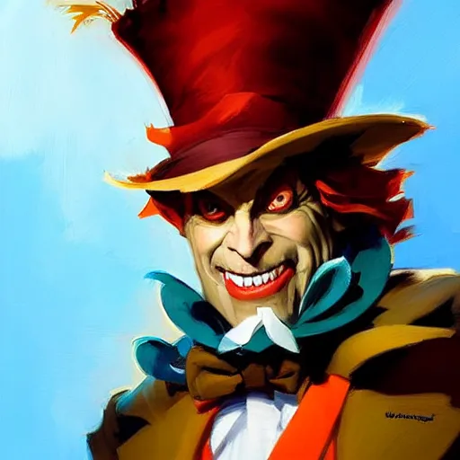 Image similar to greg manchess portrait painting of partially armored mad hatter from alice in wonderland as overwatch character, wacky, medium shot, asymmetrical, profile picture, organic painting, sunny day, matte painting, bold shapes, hard edges, street art, trending on artstation, by huang guangjian and gil elvgren and jesper ejsing