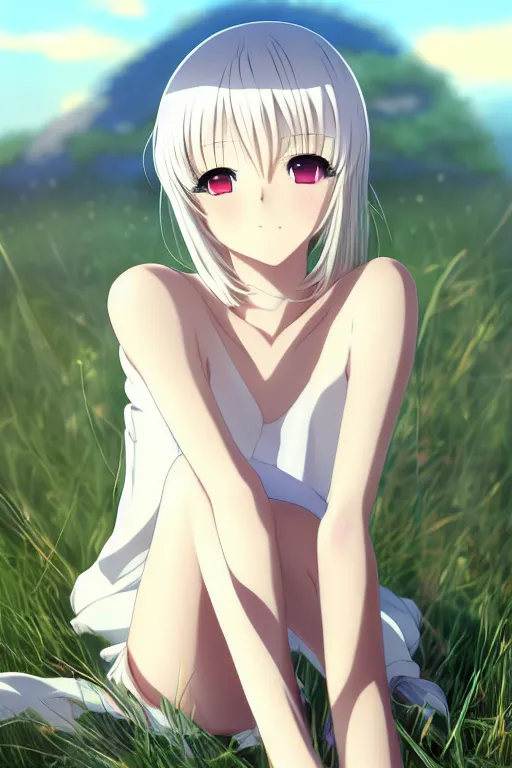 Prompt: anime art full body portrait woman, concept art, anime key visual of elegant young female, platinum blonde straight bangs and large eyes, finely detailed perfect face delicate features directed gaze, laying down in the grass at sunset in a valley, trending on pixiv fanbox, studio ghibli, extremely high quality artwork