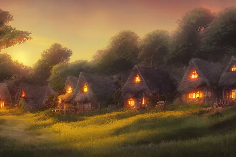 Image similar to sunset over the cottages in the shire, ghibli, artstation, award wining, rutkowski, shinkai