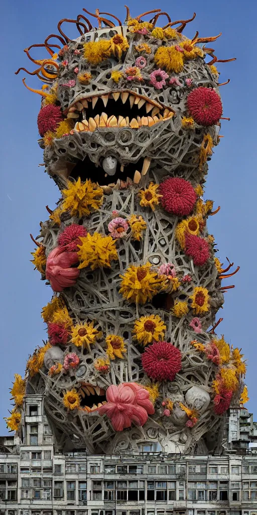 Image similar to colossal grotesque Beelzebub flower made from angry smiles in the middle of post soviet constructivist cityscape, Stalinist architecture, brutalist architecture, ultradetailed, Intricate by Hayao Miyazaki and Josan Gonzalez and Makoto Shinkai and Giuseppe Arcimboldo and MC Esher and Wes Anderson