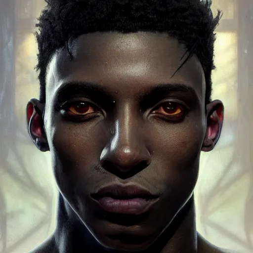 Image similar to portrait painting of a beautiful black man with blade scars and cropped hair wearing a tattered fancy black coat, ultra realistic, concept art, intricate details, eerie, highly detailed, photorealistic, octane render, 8 k, unreal engine. art by artgerm and greg rutkowski and charlie bowater and magali villeneuve and alphonse mucha