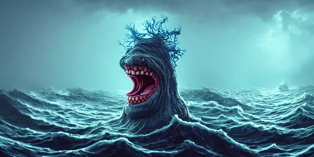 Prompt: of an intricate stormy ocean with large strange happy drunk creatures with big mouth, long tongue, weird nose, and square teeth appearing from the misty waters, in the style of antonio berni, macro lens, shallow depth of field, highly detailed, digital painting, trending artstation, concept art, illustration, cinematic lighting, vibrant colors, photorealism, epic, octane render