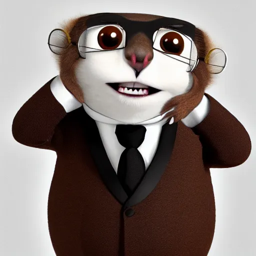 Prompt: brown marmot in a tuxedo while holding a pencil looks to the camera, pixar character, digital art, 3 d rendered in octane, blender, maya, shadows, lighting, cute