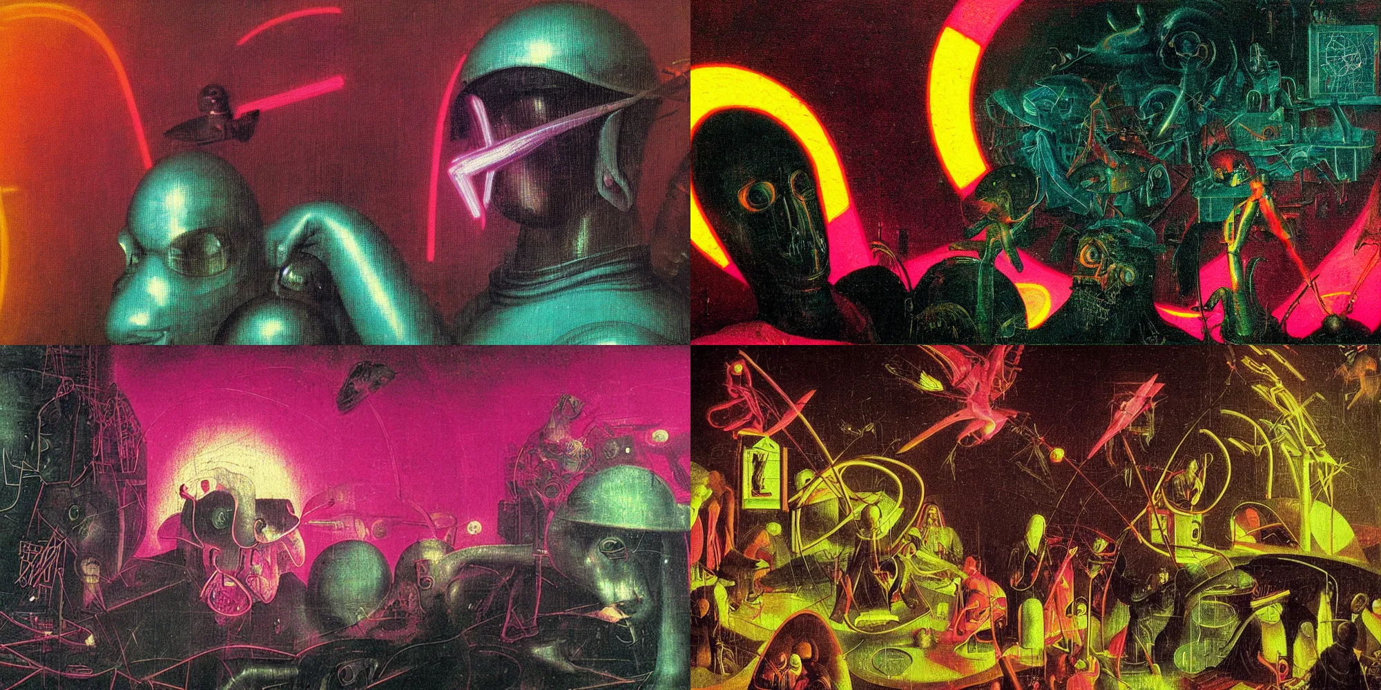 Prompt: Neon Synthwave art by Hieronymus Bosch (detail)