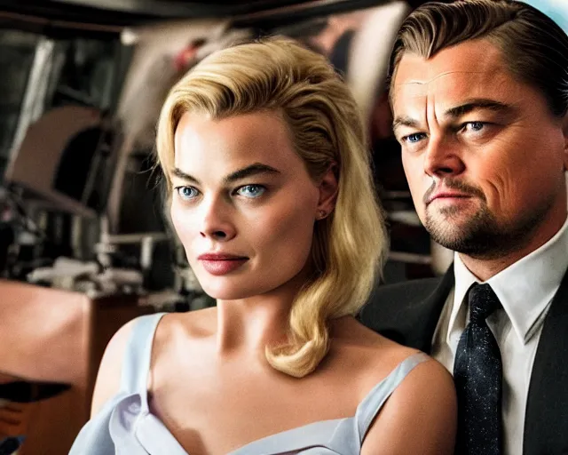 Image similar to leonardo dicaprio as the wolf of wall street next to margot robbie as naomi from the wolf of wall street in a helicopter, hyper realistic faces, beautiful eyes, cinematic, long shot, hyper detailed, 8 5 mm photograph, 8 k resolution, film still, sharp lens, wide lens