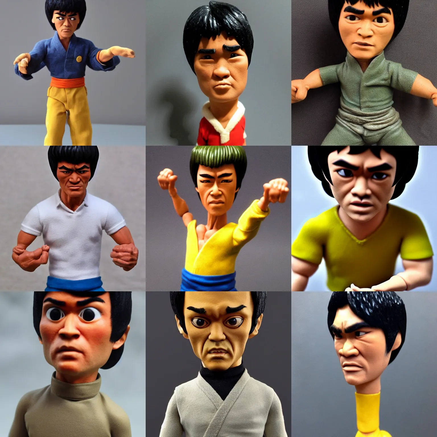 Prompt: real bruce lee!! clay! close detailed sculpted head , style: claymation puppet kids clay , by guldies