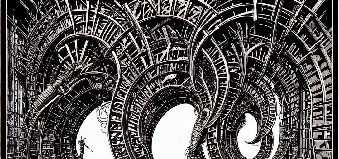 Prompt: a double helix dna cyberpunk steampunk carved archway, high details, lineart, by vincent di fate and joe fenton, inking, screen print, masterpiece, trending on artstation, sharp, high contrast, hyper - detailed, ultrawide, hd, 4 k, 8 k