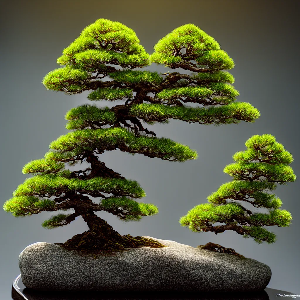 Prompt: photo bonsai fir on a small rock with shades of edges, in lake, gold hour, soft lighting, medium shot, volumetric lighting, beautiful, ultra detailed, cgsociety by leesha hannigan, thierry doizon, kai carpenter, ignacio fernandez rios, 3 5 mm, fujifilm