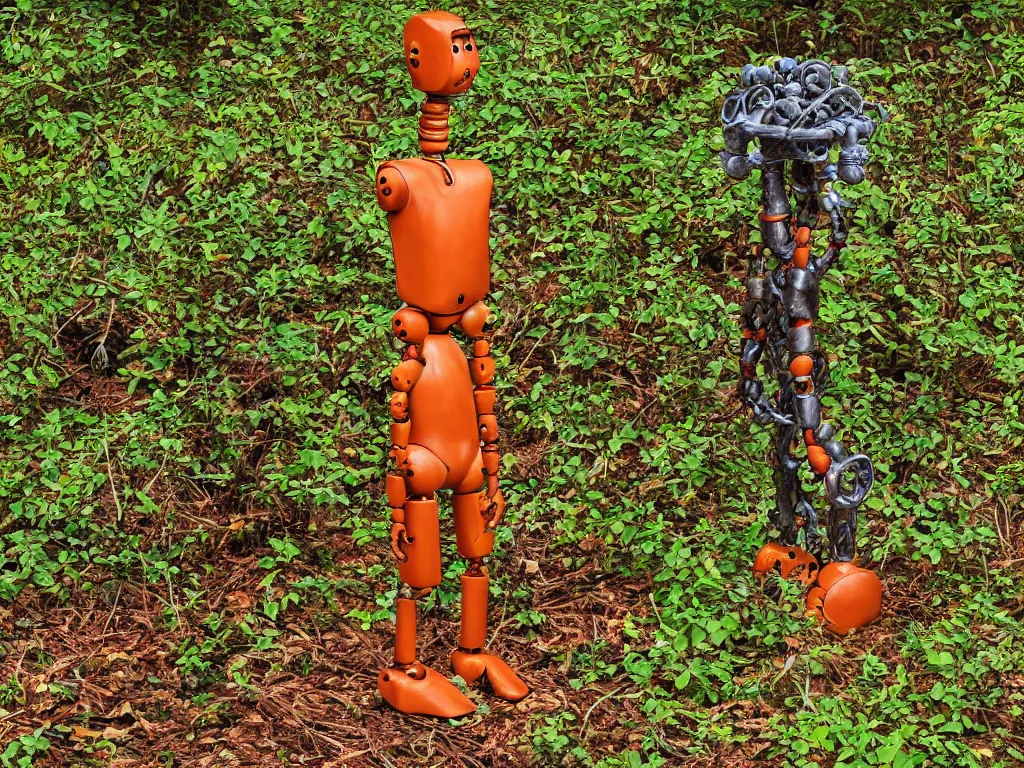 Prompt: glazed ceramic sculture of a rusty humanoid mechanical robotic robot, on forest floor, leaning against a tree, with mushrooms growing out of its head, by Rene Magritte, simple