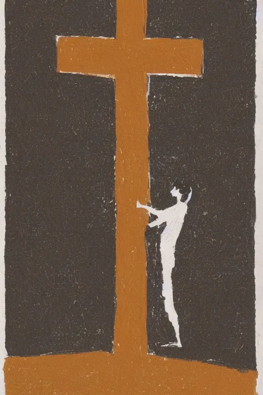 Image similar to man kneeling on the ground in front of a wooden cross, 1960’s minimalist advertising illustration, painterly, expressive brush strokes