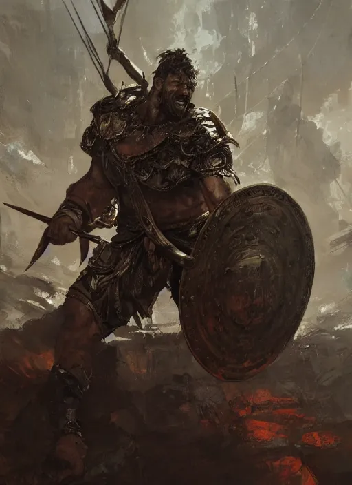 Image similar to ancient historically accurate depiction of the Bible Character Goliath of Gath, the Philistine warrior giant in ancient persian chainmail armor, dramatic lighting art by Yoji Shinkawa by Richard Schmid by greg rutkowski by Sandra Chevrier by Jeremy Lipking cinematic dramatic